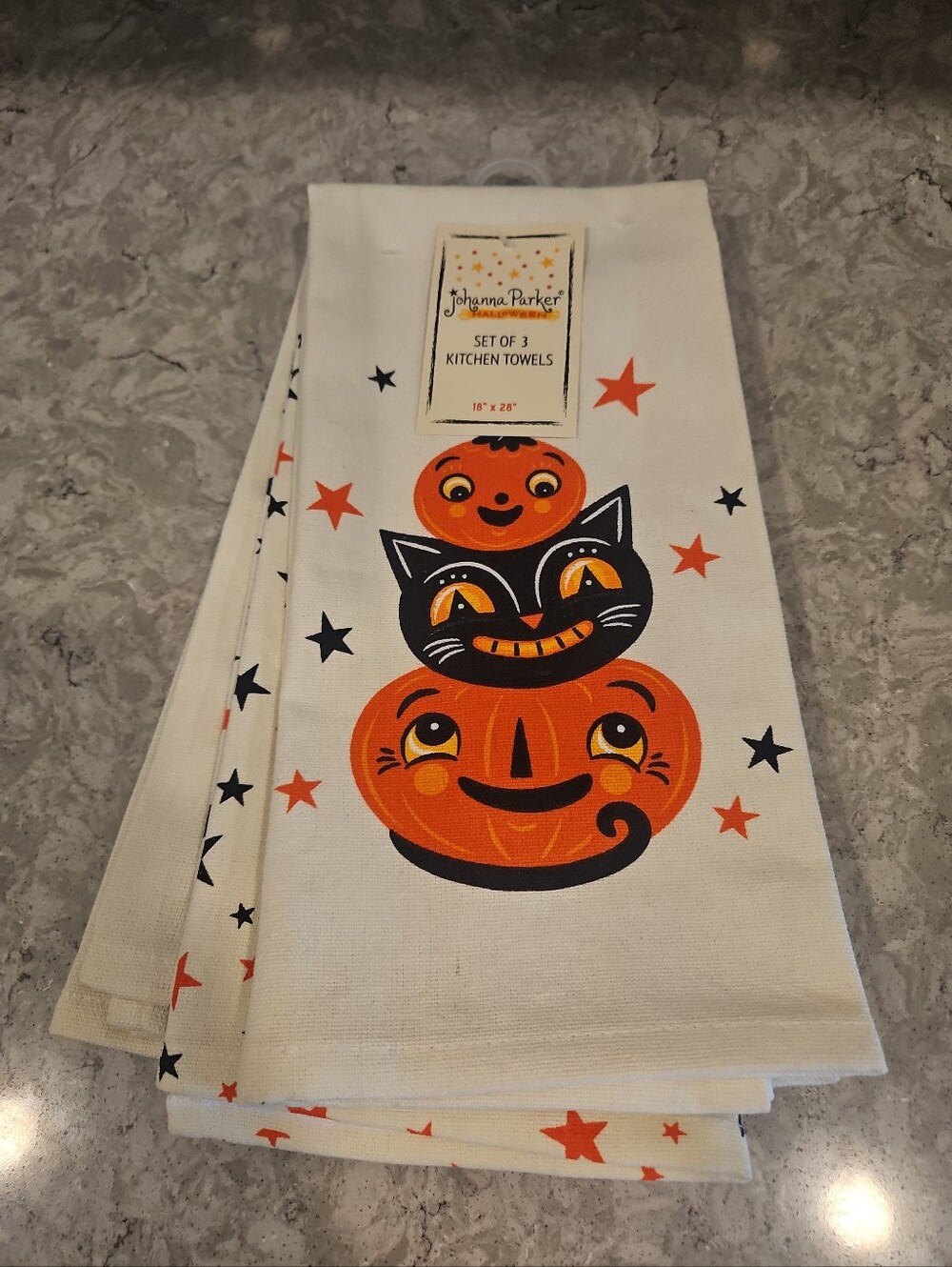 Johanna Parker Halloween kitchen towels Vintage pumpkin cat stars